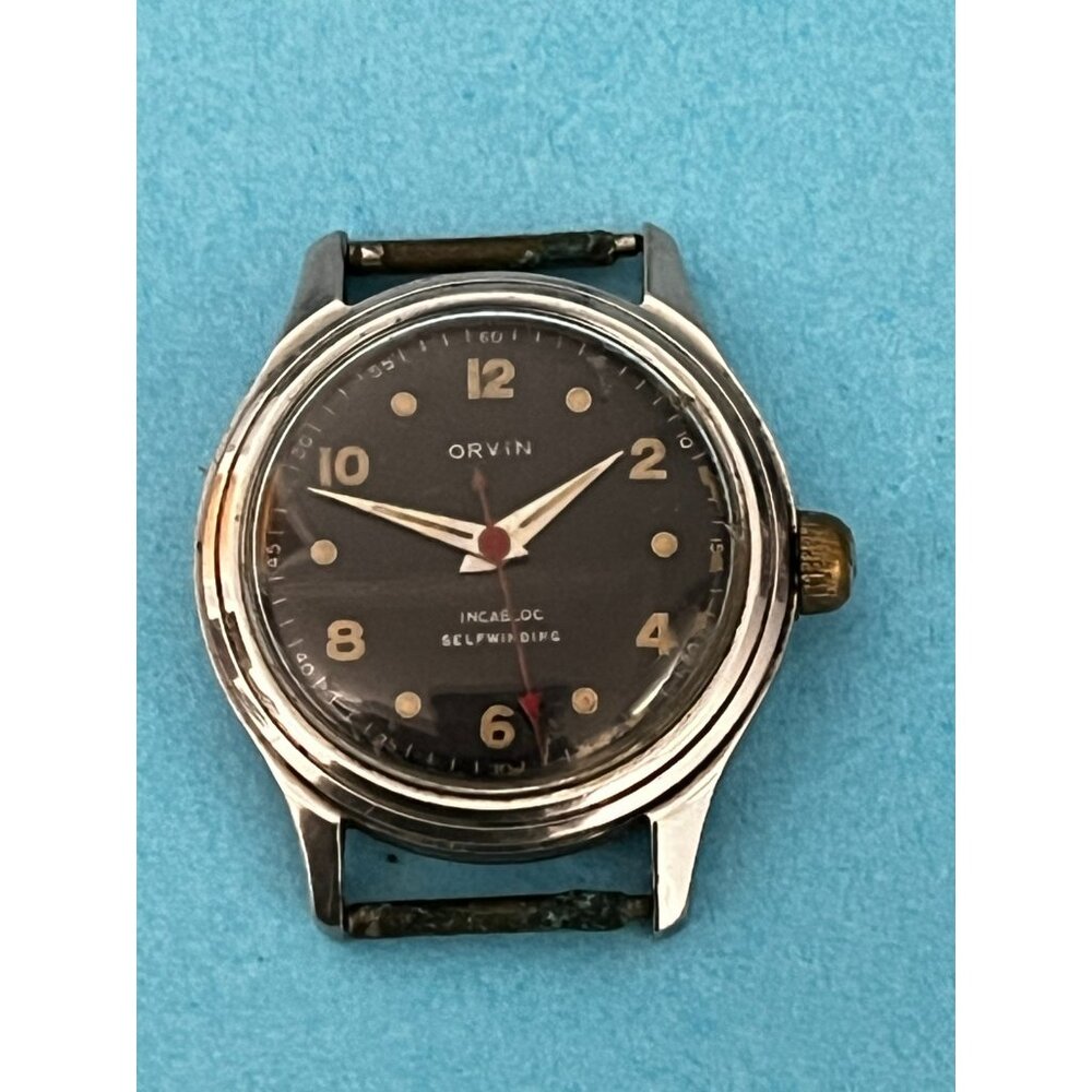 Men's Orvin 17 Jewel Incabloc Antimagnetic Watch Rare Black Dial 4 parts repair